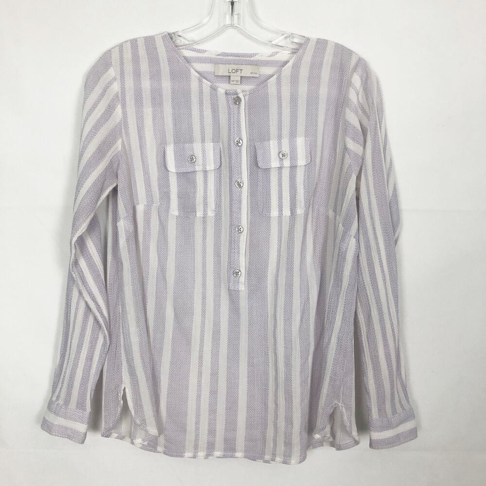 LOFT 1/2 Button Lavender Striped Top Womens XSP Modest Breathable Lightweight